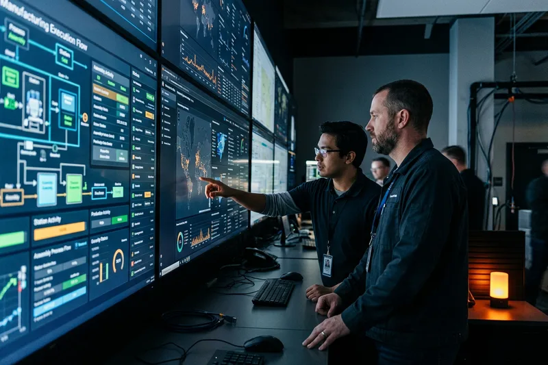 Plant IT engineer and automotive cybersecurity analyst reviewing MES dashboards and connected-vehicle SOC telemetry across a wall of monitors in a low-lit network operations center with orange accent lighting