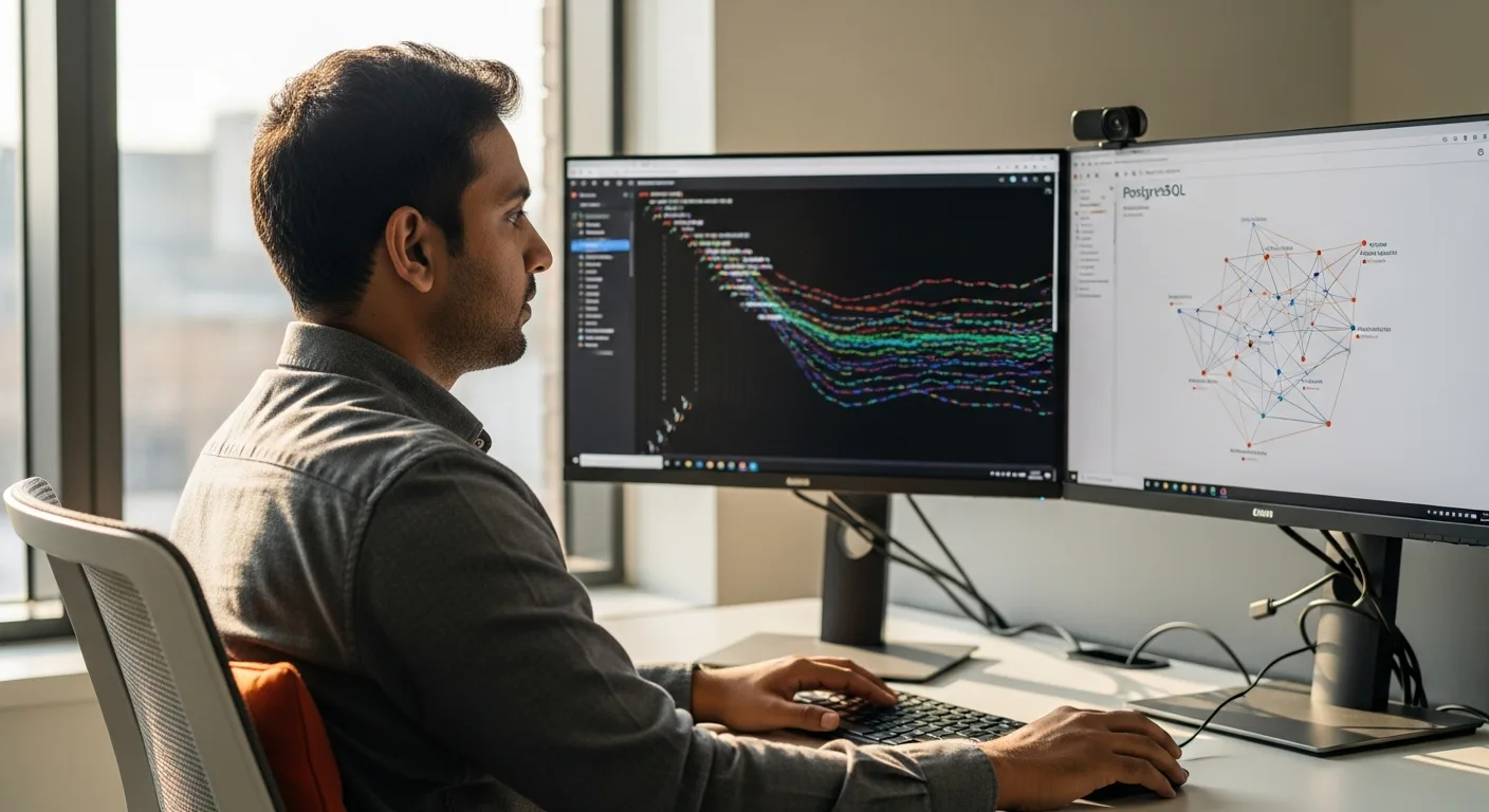 Senior backend developer at a dual-monitor workstation reviewing API endpoint code and a PostgreSQL query plan visualization in a modern engineering office