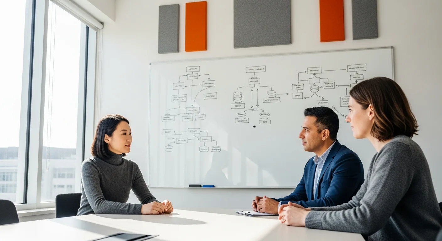 Backend developer candidate facing a two-person technical interview panel with system architecture diagrams on the whiteboard behind them