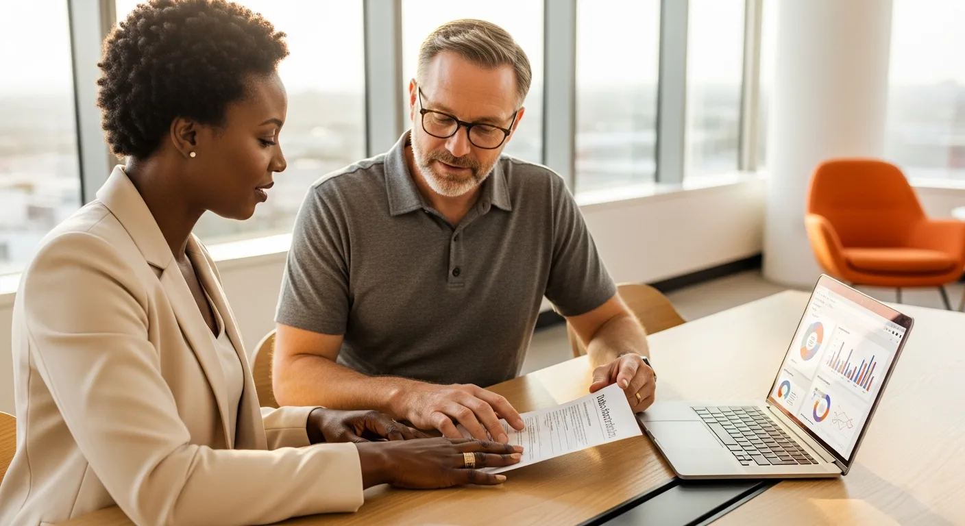 Hiring manager and senior technical lead reviewing a printed backend developer job description at a modern conference table