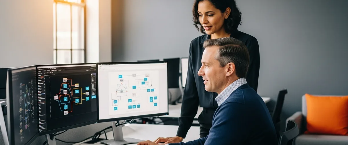 Backend engineering team workspace with monitors showing API architecture diagrams in a modern tech office for the KORE1 Backend Developer Job Description Template 2026