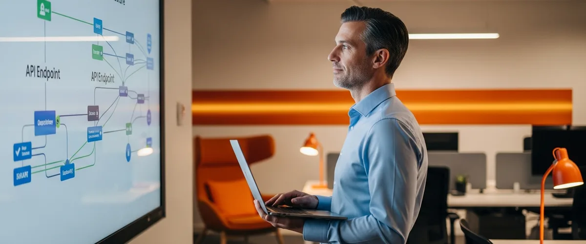 Senior backend developer at a workstation reviewing distributed service architecture diagrams and API endpoint topology on a wall display