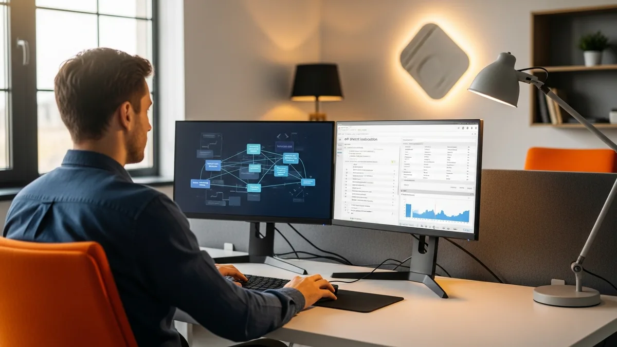 Senior backend developer at a dual-monitor workstation reviewing a distributed service architecture diagram, API contract specifications, and a database query plan visualization