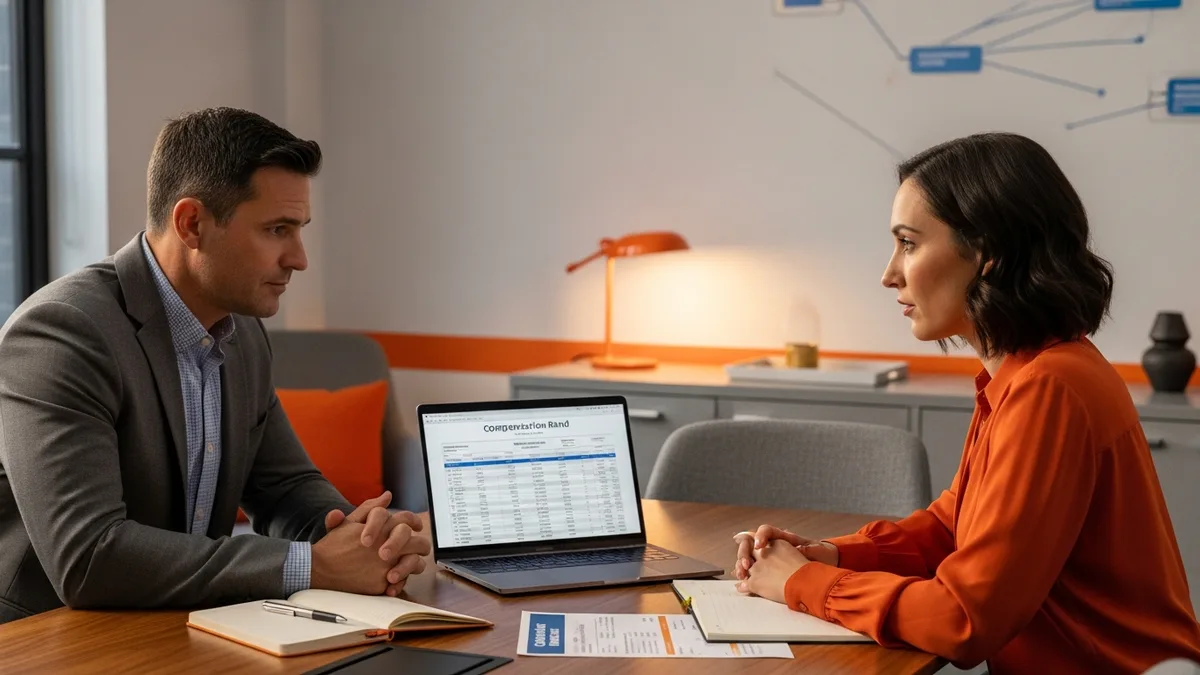 Hiring manager and recruiter at a conference table reviewing a backend developer compensation band model on a laptop with printed candidate offer terms