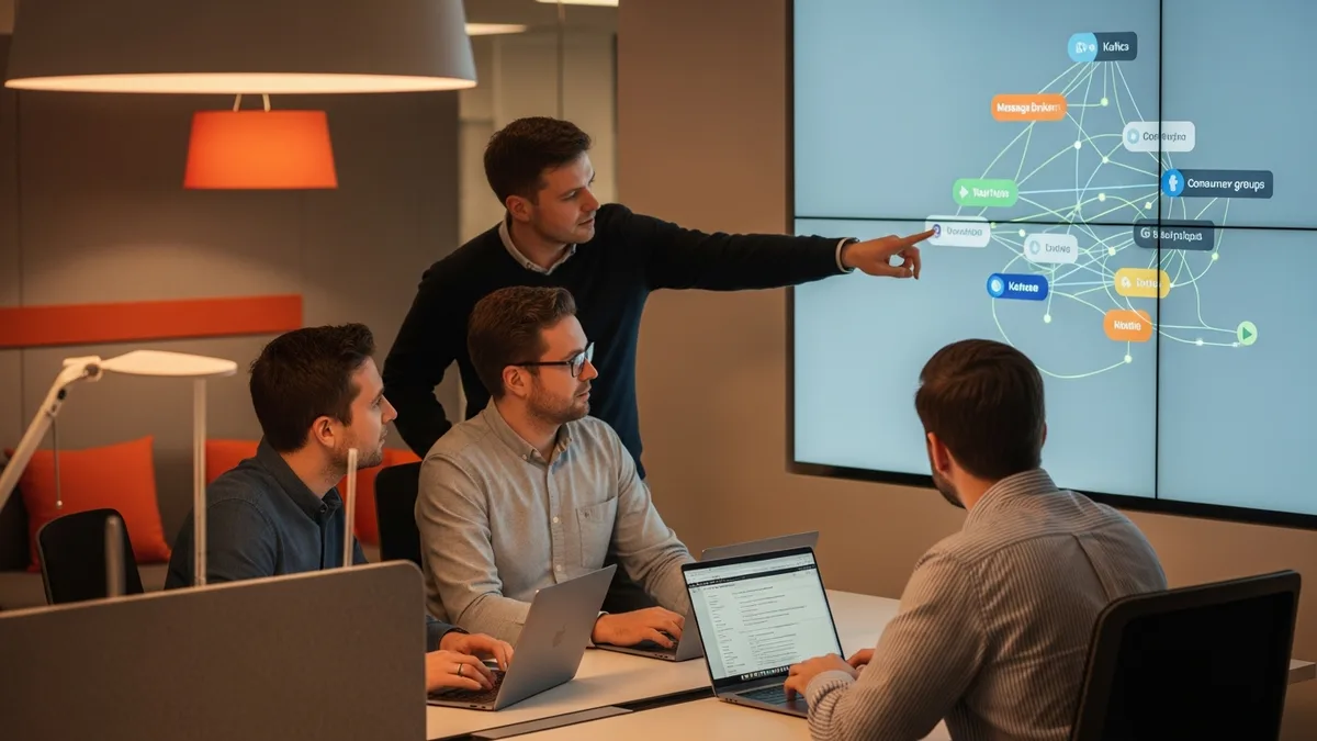 Backend engineering team in a modern collaboration space reviewing a distributed service architecture diagram and message broker topology on a wall-mounted display