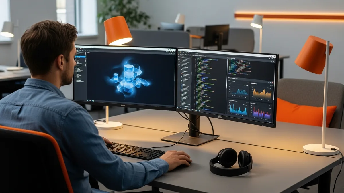 Backend software engineer at a dual ultrawide monitor workstation reviewing a database query execution plan and a service metrics dashboard