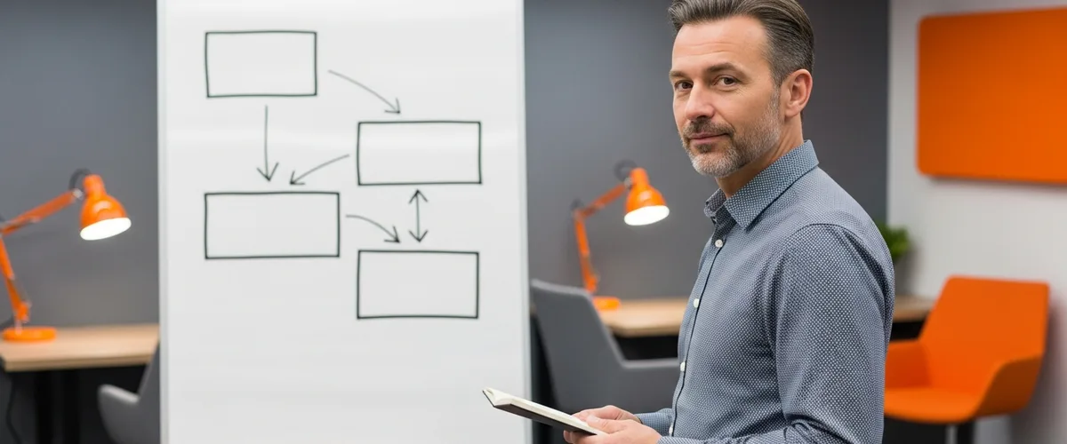 Senior backend developer beside a whiteboard with clean architecture boxes and arrows in a modern interview room