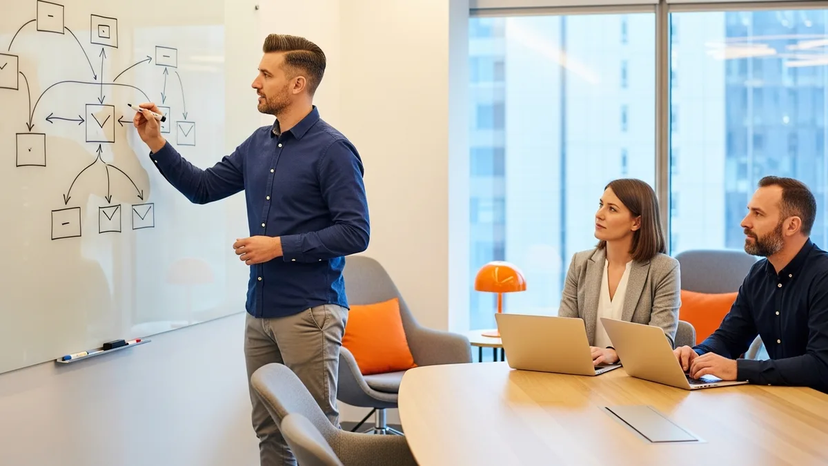 Backend developer candidate diagramming a distributed service architecture on a large whiteboard while two interviewers take notes
