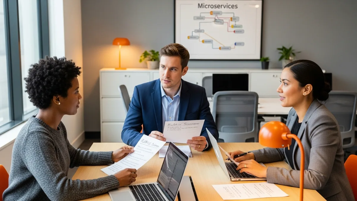 Three hiring panelists seated around a modern conference table comparing rubric scoring sheets and laptop notes after a backend developer interview