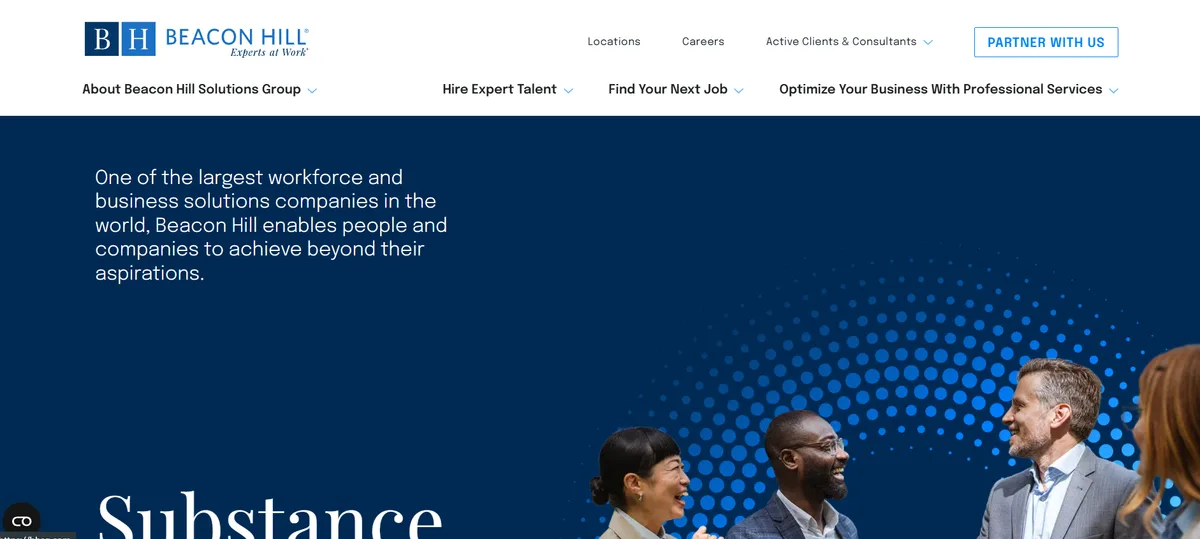 Beacon Hill Staffing Group homepage screenshot showing workforce and business solutions branding ranked best Chicago staffing agency for enterprise hiring 2026