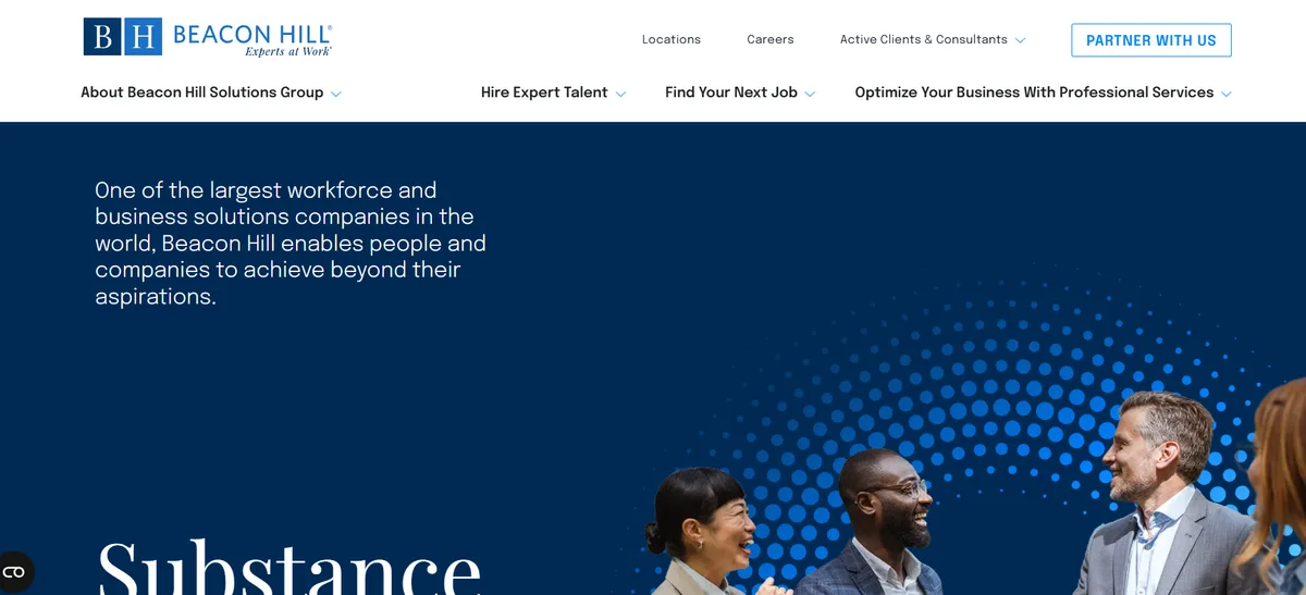 Beacon Hill Staffing Group San Francisco homepage screenshot showing one of the largest workforce and business solutions companies