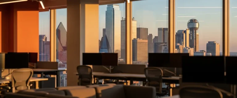 Dallas downtown skyline at golden hour seen through windows of a modern tech office — best IT staffing agencies in Dallas 2026