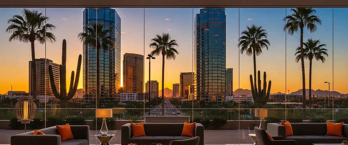 Phoenix Arizona downtown skyline at golden hour with modern professional office lobby — featured image for the best staffing agencies in Phoenix 2026 guide