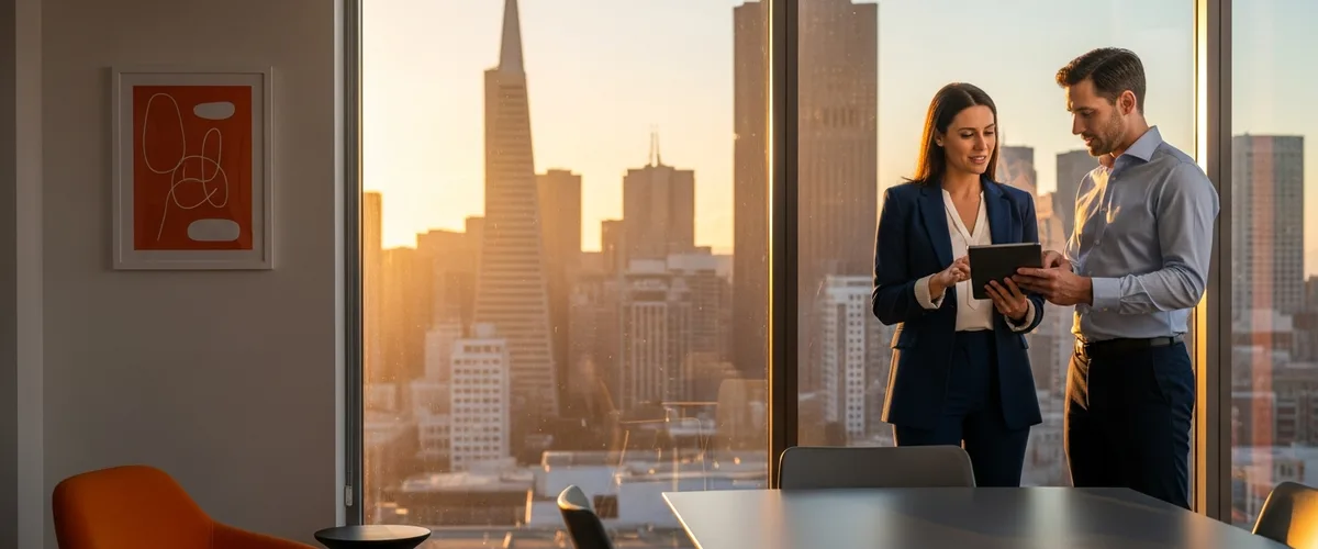 Two San Francisco hiring leaders reviewing staffing agency rankings with the SF skyline in the background