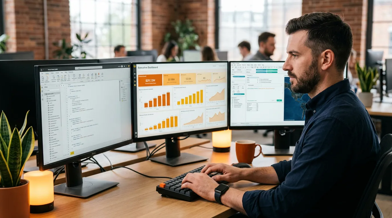 BI developer modeling Power BI semantic layer and Tableau dashboards across multi-monitor workstation