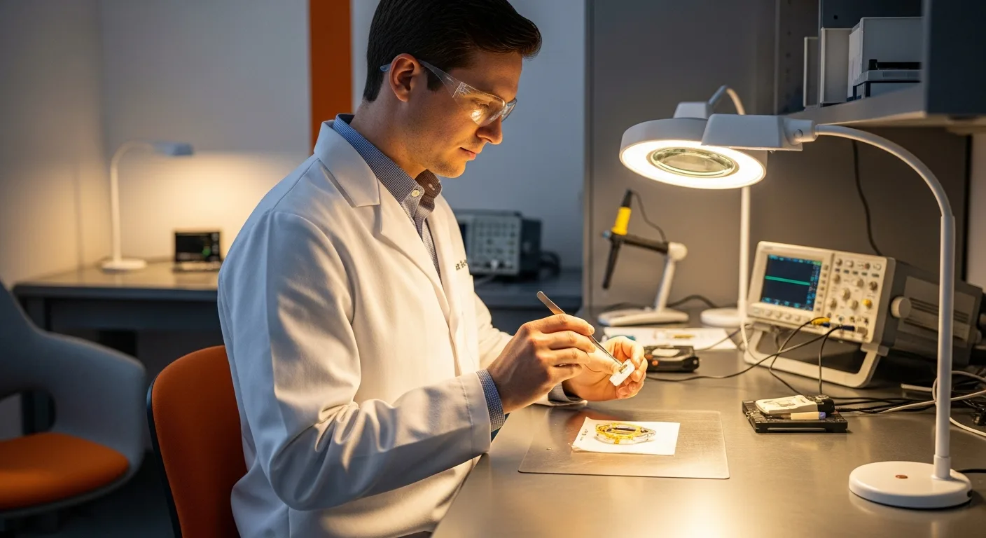 Biomedical engineer in a clean lab coat and safety glasses inspecting a precision implantable medical device prototype at a stainless steel cleanroom workbench