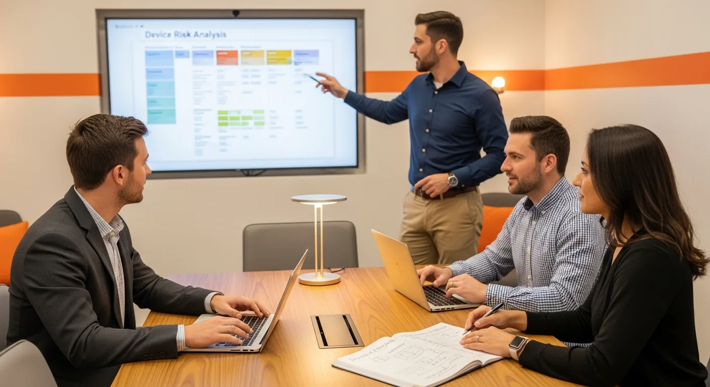 Three biomedical engineers in a design review meeting examining a wall-mounted device risk analysis matrix with laptops and regulatory notebooks on a conference table