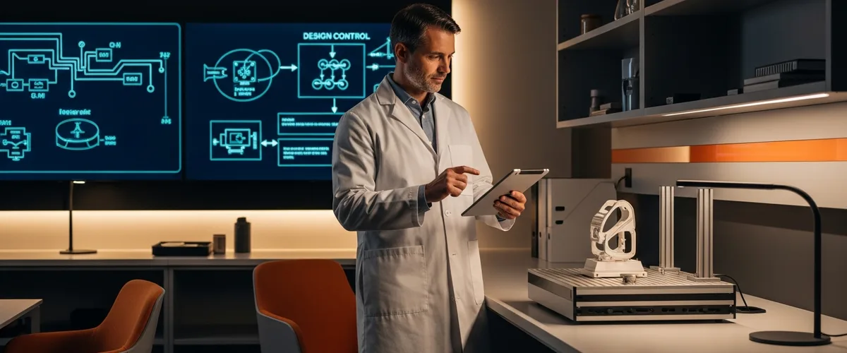 Senior biomedical engineer in a clean lab coat reviewing a medical device prototype with a tablet at a modern R&D workspace