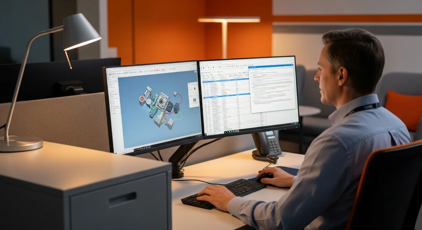 Senior biomedical engineer working at a dual-monitor workstation reviewing CAD models, verification protocols, and regulatory documentation