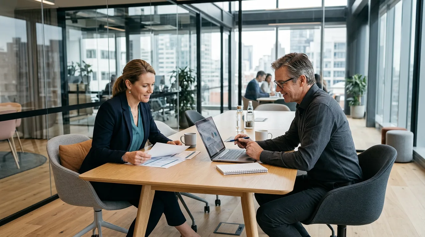 Senior biotech recruiter reviewing candidate profiles with a hiring manager in a glass-walled life sciences office