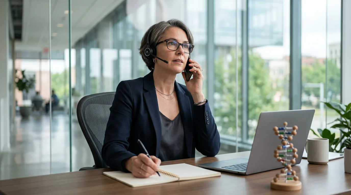 Specialist biotech recruiter with industry background on a screening call from a quiet glass office