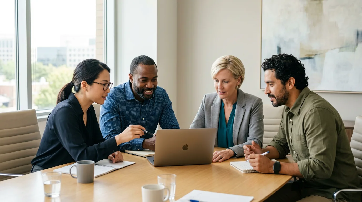 Group of four KORE1 biotech recruiters reviewing a candidate slate around a conference table