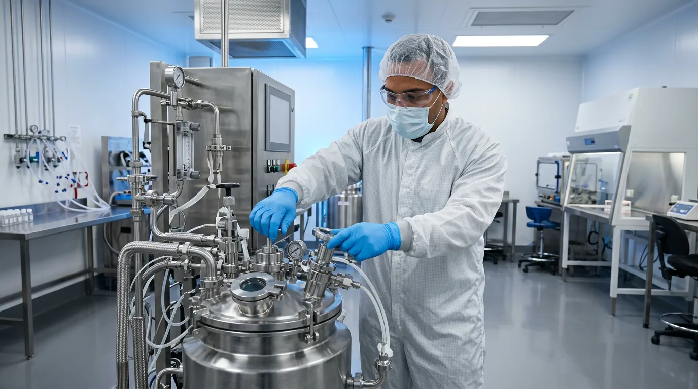 Cell therapy manufacturing technician operating a closed-system bioreactor inside a GMP cleanroom
