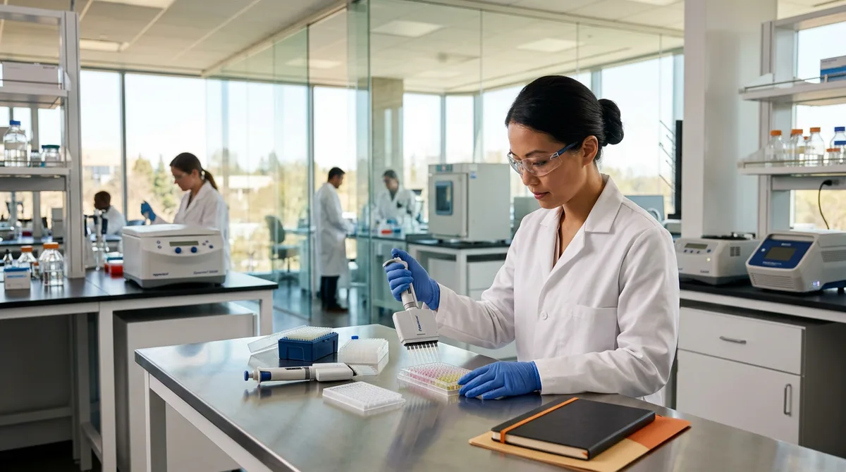 Biotech staffing agency hero - scientist examining a 96-well microplate inside a modern KORE1-supported life sciences laboratory