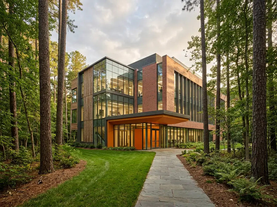 Research Triangle Park life sciences research building in pine forest landscape - KORE1 biotech staffing in Raleigh Durham Chapel Hill