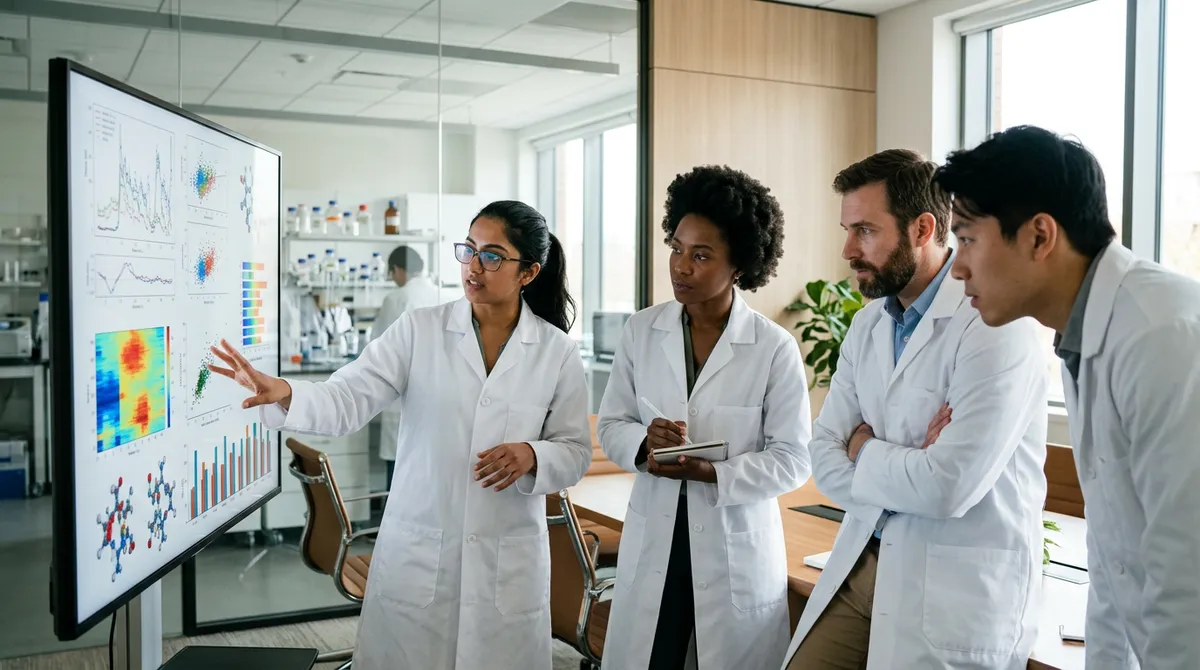 Multi-ethnic biotech scientist team reviewing data on a screen - KORE1 biotech staffing agency collaboration between client teams and recruiters