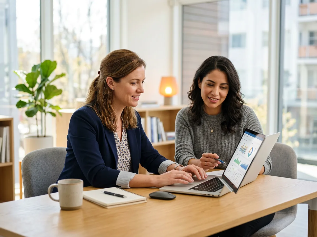 Small business owner and bookkeeper reviewing financial reports on a laptop in a bright modern office, KORE1 bookkeeper staffing