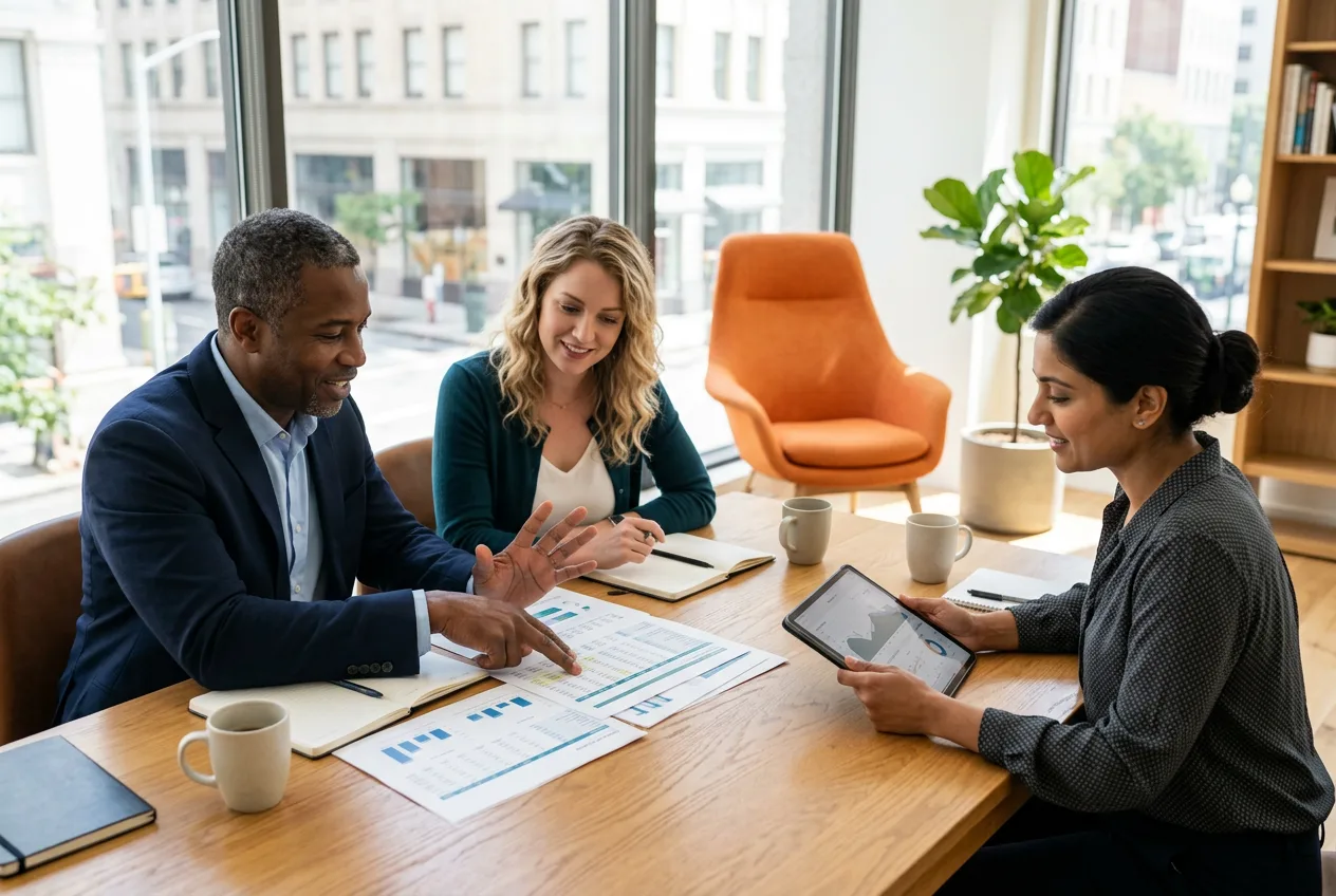 Small business team discussing financial documents at a conference table with natural light