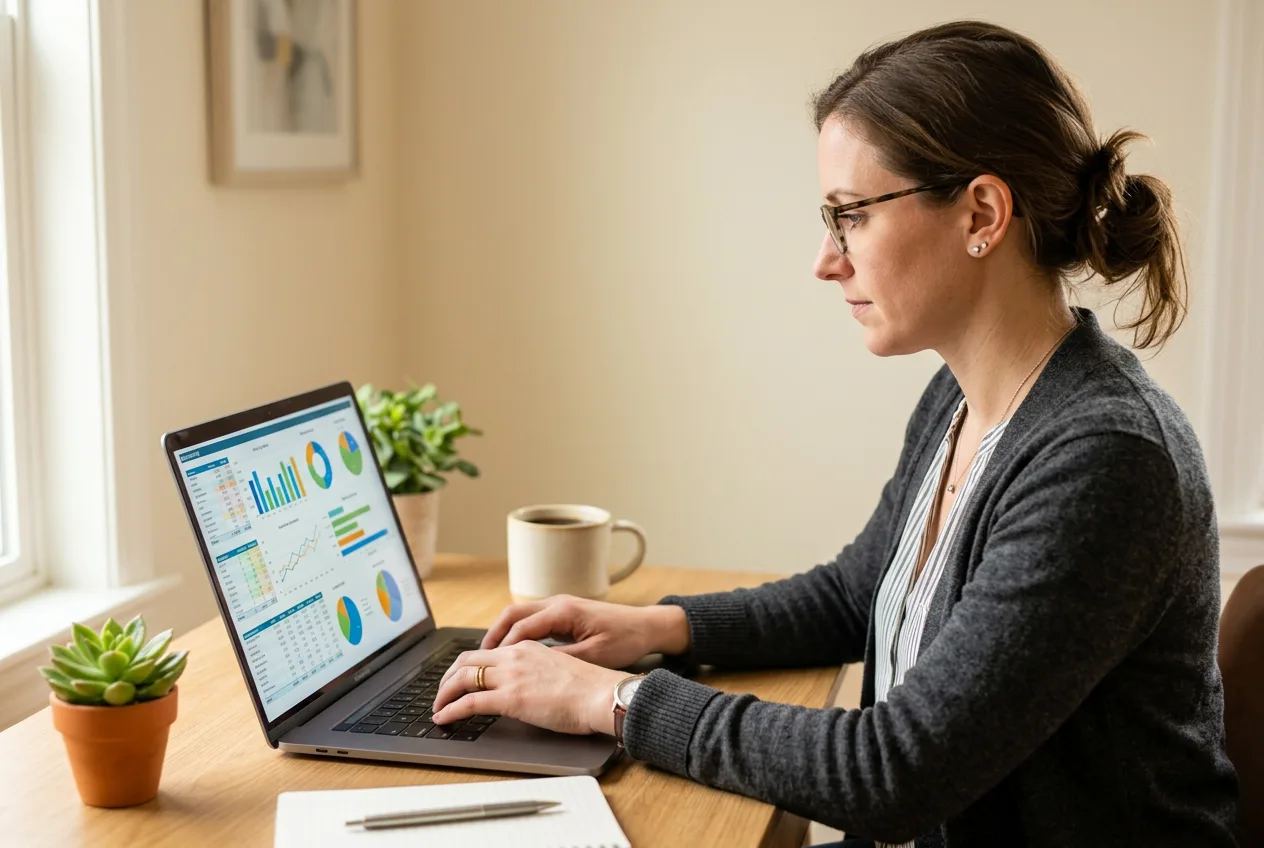 Bookkeeper working at a laptop with accounting software interface visible on screen