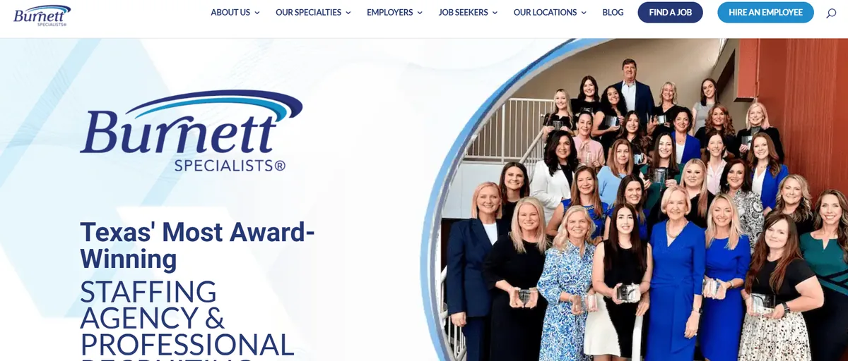 Burnett Specialists Dallas staffing agency homepage with Texas Most Award-Winning Staffing Agency tagline