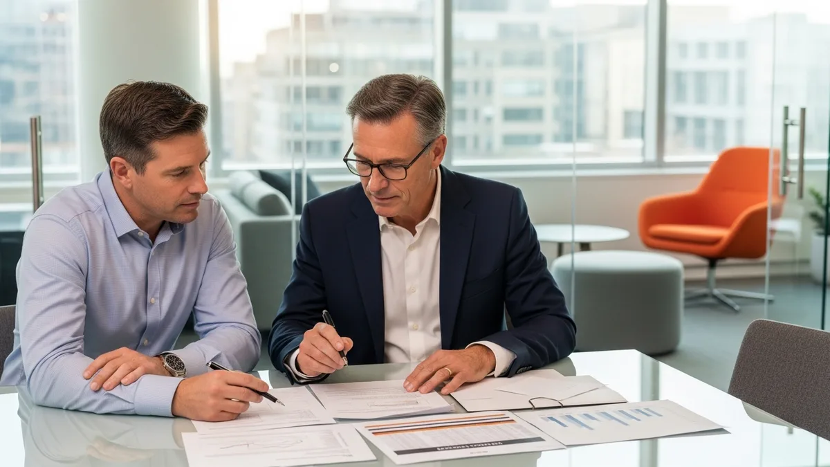 Two senior AI executives reviewing Chief AI Officer compensation package documents and equity grant breakdown at modern conference table