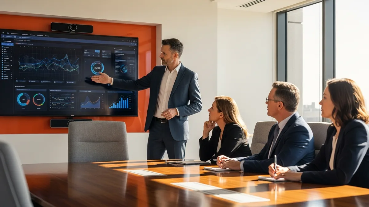 Chief AI Officer in modern executive boardroom reviewing AI governance dashboard and model risk metrics with C-suite leadership team