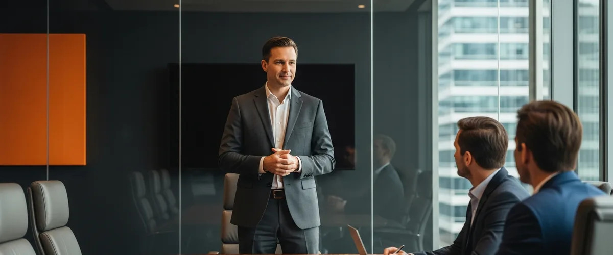 Chief AI Officer in modern executive boardroom meeting with C-suite colleagues, glass walls and orange accent panel
