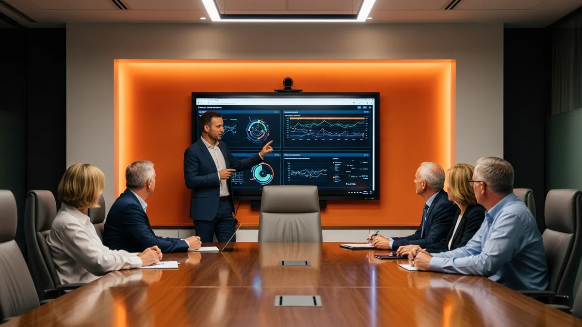 AI strategy executive presenting board-level dashboard showing model performance and governance metrics to executive committee
