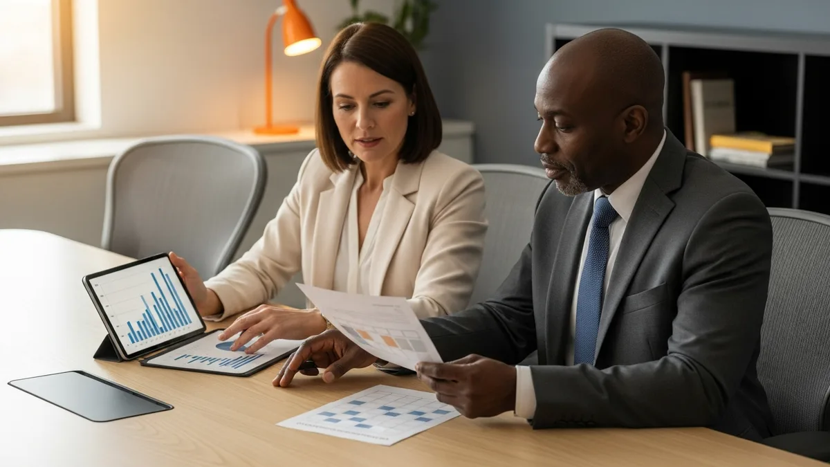 Chief Data Officer and CFO reviewing executive compensation package and long-term incentive plan documents at modern conference table