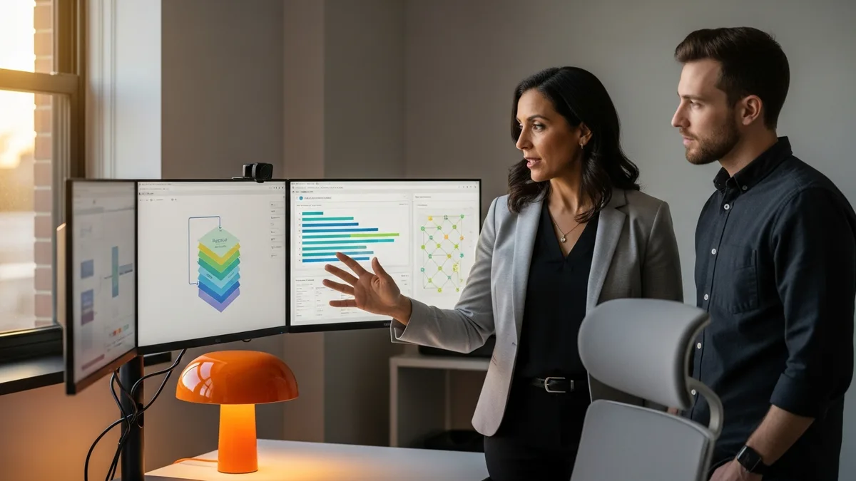 Senior data engineering leader and Chief Data Officer reviewing data platform architecture on multi-screen visualization in modern tech workspace