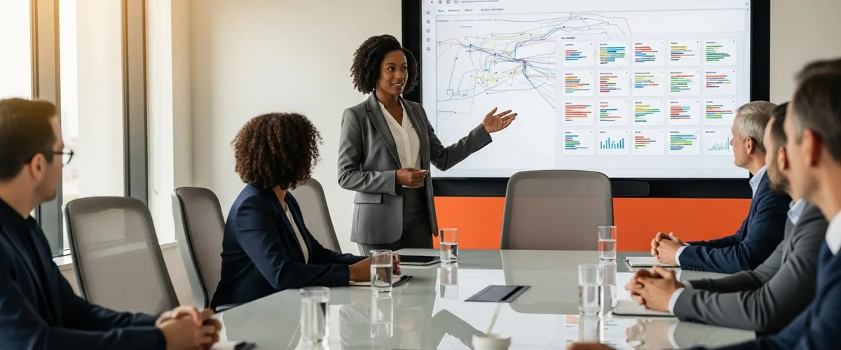Chief Data Officer presenting enterprise data governance dashboard with KPI tiles to six-person executive committee in modern boardroom