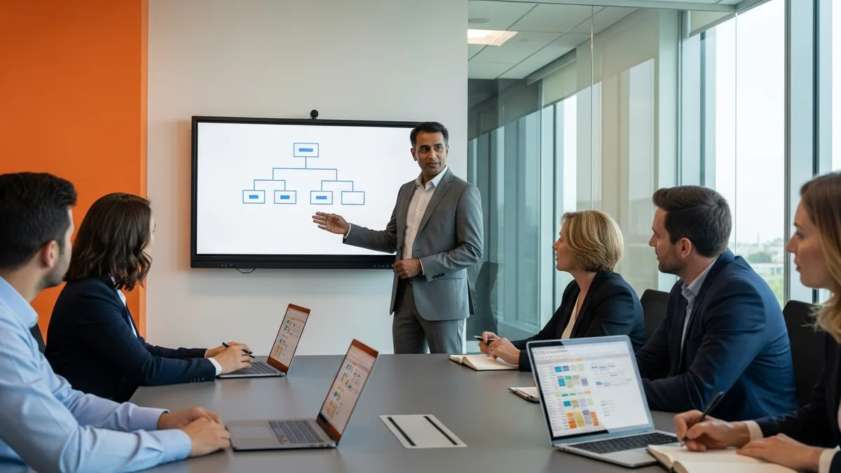 Chief Data Officer leading data governance committee meeting with cross-functional executive stakeholders in modern conference room