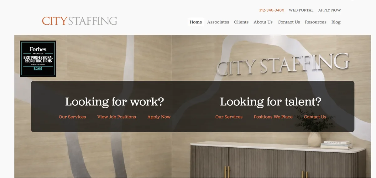 City Staffing Chicago homepage screenshot featuring Forbes Best Professional Recruiting Firms badge ranked best boutique staffing experience Chicago 2026