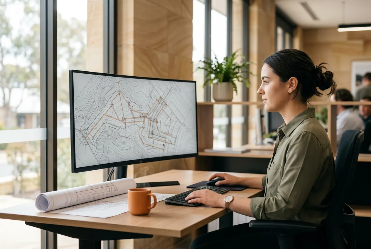 Civil engineer working in AutoCAD Civil 3D with stormwater drainage plan and contour grading visible on screen