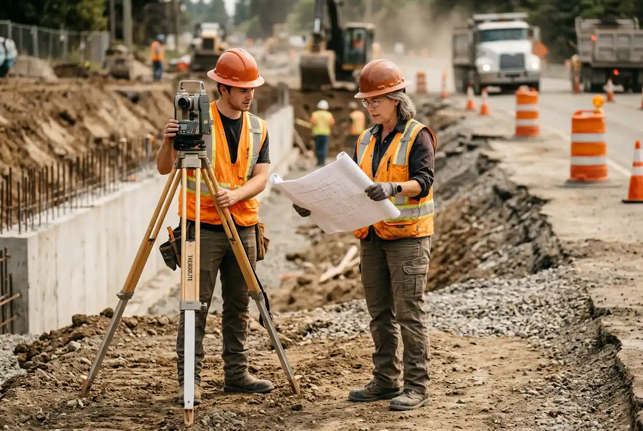 Senior civil engineer in hard hat and safety vest reviewing rolled construction drawings with surveyor at active roadway site