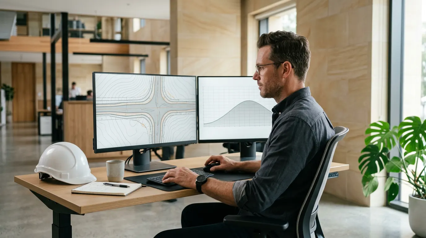 Civil engineer reviewing site civil grading plan and road profile drawings on dual monitors