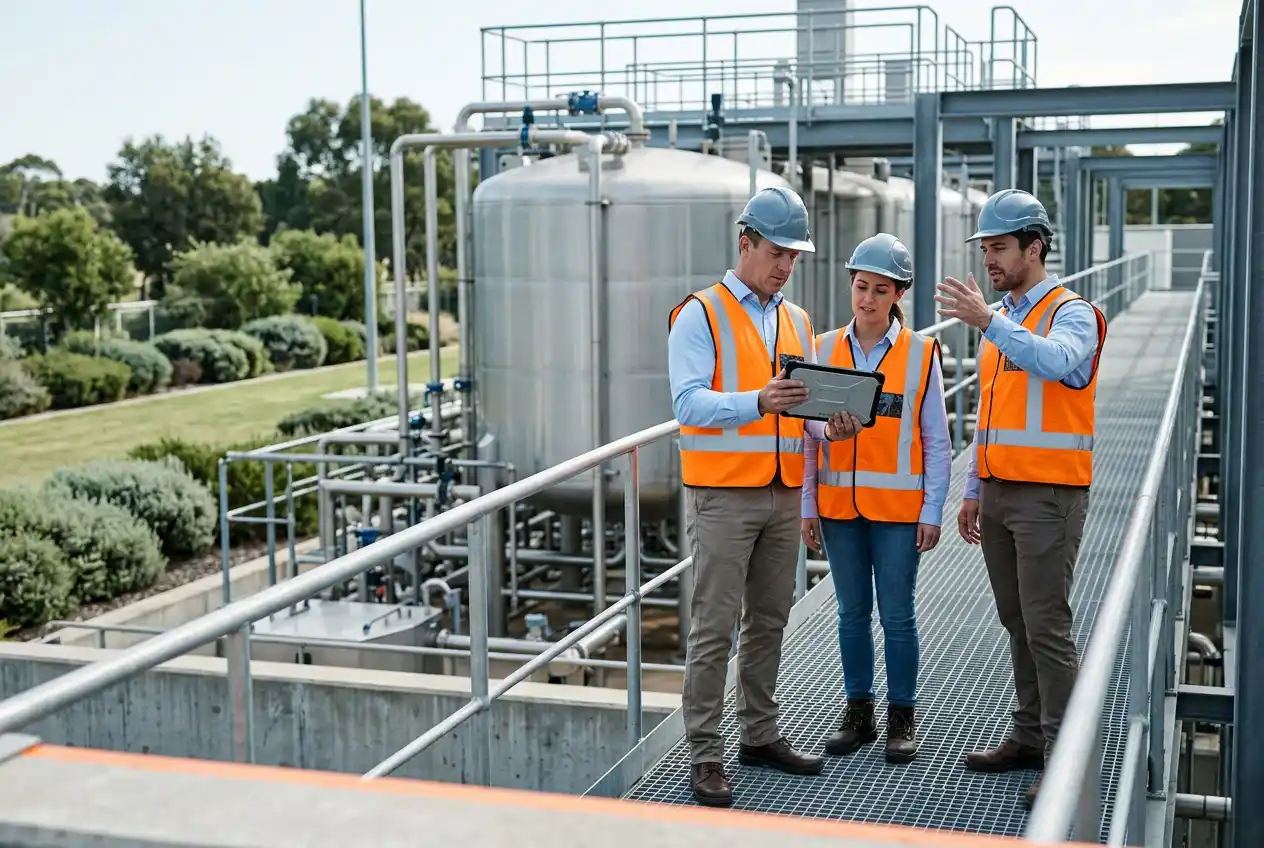 Civil engineering team in safety vests reviewing infrastructure site plans on tablet at modern water treatment facility