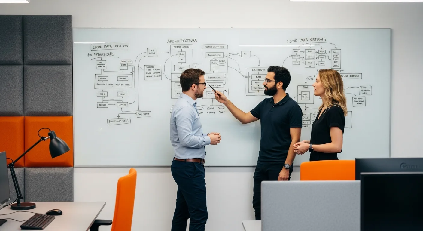 Cloud data team collaborating on a lakehouse architecture diagram in a modern office with whiteboard sketches of the medallion architecture and a partition strategy
