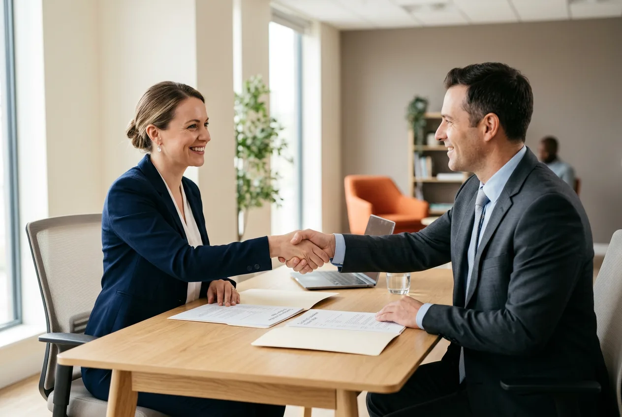 Recruiter and compliance hiring manager shaking hands across a clean light wood desk while reviewing compliance analyst candidate profiles