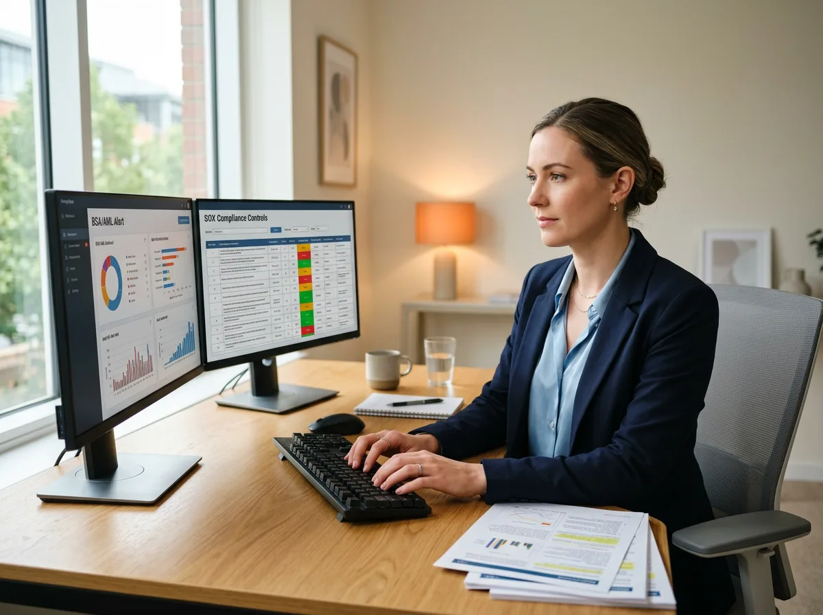 Compliance analyst at a clean modern desk reviewing regulatory documents and a BSA/AML alert dashboard, KORE1 compliance analyst staffing